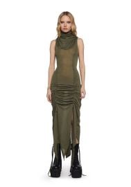 Darker Wavs Hooded Ruched Harness Dress - Green Dolls Kill at Dolls Kill