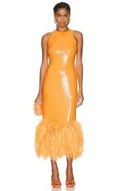 David Koma Feather Hem Sequin Midi Dress in Orange FWRD at FWRD