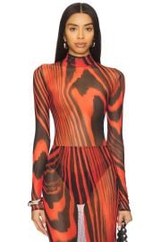David Koma Printed Mesh Bodysuit In Red Black at Revolve
