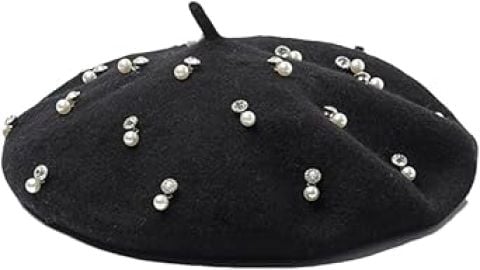 Dcvmvmn Women Winter Wool Beret Hat Full Pearl Beads Beret Cap Hat Painter Cap at Womens Clothing store at Amazon