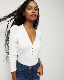 Dekalb Ribbed Puff-Sleeve V-Neck Top Veronica Beard at Veronica Beard