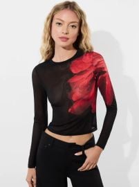 Delaina Mesh Top In Peony Petals Bright Ruby Alice Olivia at Alice + Olivia
