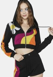 Delia39s Daisy Wave Applique Zip Up Crop Hoodie - BlackMulti Dolls Kill at Dolls Kill