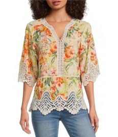 Democracy Floral Split V-Neck 3/4 Sleeve Crochet Peplum Top at Dillards