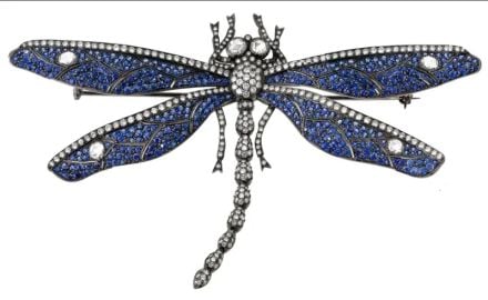 Dena Kemp 18 karat white gold blue sapphire and diamond Dragon Fly Brooch at Dena Kemp