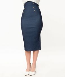 Denim Blue Sailor High Waist Sierra Pencil Skirt at Unique Vintage