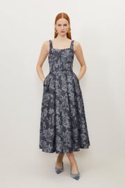 Denim Jacquard Full Skirt Belted Midi Dress at Karen Millen