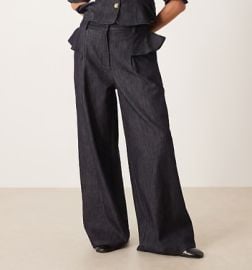 Denim Ruffle Detail Wide Leg Jeans in deep blue at ASOS