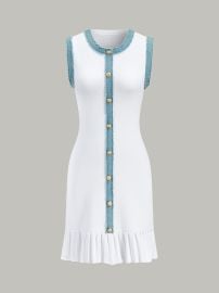 Denim Trim Button-Front Ruffle Hem Midi Dress COMMENSE at Commense