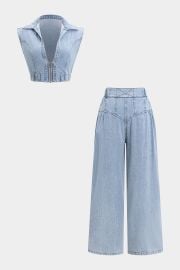 Denim V-Neck Zipper Tank Top And Jeans Set Micas at Micas
