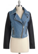 Denim jacket with black sleeves at Modcloth