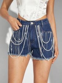 Denimoi Fashion Beads & Rhinestone Fringe Embellished Frayed Denim Shorts at Shein