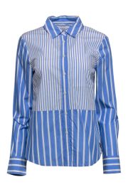 Derek Lam 10 Crosby - Blue amp White Striped Button-Up Blouse w Ruffle Current Boutique at Current Boutique