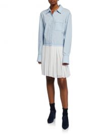 Derek Lam 10 Crosby Long-Sleeve Mixed Media Shirtdress with Pleated Hem at Neiman Marcus