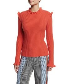 Derek Lam 10 Crosby Ribbed Cashmere Ruffle-Trim Sweater  Bright Coral at Neiman Marcus