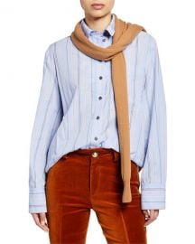 Derek Lam 10 Crosby Striped Long-Sleeve Button-Down Shirt with Knit Combo at Neiman Marcus