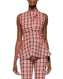 Derek Lam Novelty Plaid Sleeveless Peplum Top OrangeMulti at Neiman Marcus