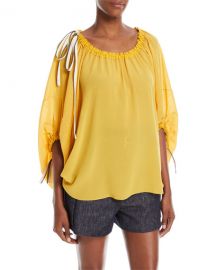 Derek Lam Scoop-Neck Balloon-Sleeve Silk Blouse with Drawstring at Neiman Marcus