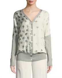 Derek Lam V-Neck Button-Front Mixed-Print Silk-Cotton Cardigan at Neiman Marcus