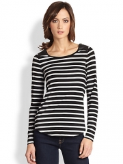 Design History - Faux Leather-Paneled Striped Stretch Jersey Top at Saks Fifth Avenue