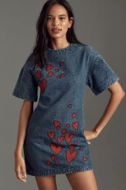 Dhruv Kapoor Short Sleeve Embroidered Heart Denim Mini Dress at Anthropologie