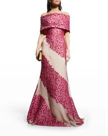 Diagonal Stripe Jacquard Off-The-Shoulder Gown at Neiman Marcus