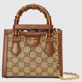 Diana crystals small tote bag in camel and dark brown GG canvas US at Gucci