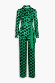 Diane von Furstenberg Clyde wrap effect polka dot satin jacquard wide leg jumpsuit at The Outnet