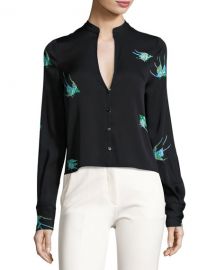 Diane von Furstenberg Cropped Bird Print Silk Jersey V Neck Shirt at Neiman Marcus