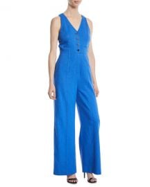 Diane von Furstenberg Fitted Button-Front Linen-Stretch Jumpsuit at Neiman Marcus