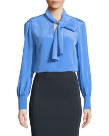 Diane von Furstenberg High Neck Long-Sleeve Silk Bow Blouse at Neiman Marcus