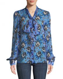 Diane von Furstenberg Lanie Floral Button-Front Tie-Neck Blouse at Neiman Marcus