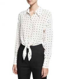 Diane von Furstenberg Long-Sleeve Dotted Front-Tie Shirt  White at Neiman Marcus