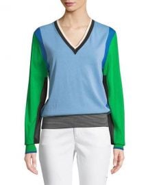 Diane von Furstenberg Long-Sleeve V-Neck Colorblock Pullover at Neiman Marcus