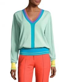 Diane von Furstenberg Long-Sleeve V-Neck Pullover Knit Top  Blue at Neiman Marcus