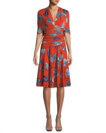 Diane von Furstenberg Shirred Floral-Print V-Neck Dress at Neiman Marcus