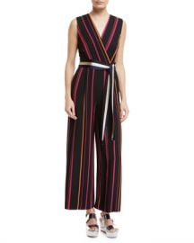 Diane von Furstenberg Sleeveless Crossover Wide-Leg Striped Jumpsuit at Neiman Marcus