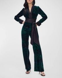 Diane von Furstenberg Vegas Tiger Print Long Sleeve Velvet Jumpsuit at Neiman Marcus