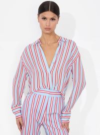 Dimitra Oversized Button Down In Teakwood Stripe Mineral Blueb Alice Olivia at Alice + Olivia