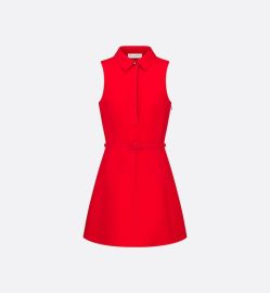 Dior Short Belted Dress in Red Wool and Silk at Dior