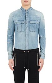 Distressed Denim Banded-Collar Shirt by Balmain at Barneys