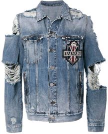 Distressed Denim Jacket with Badge by Balmain at Farfetch