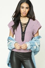 Distressed Lace-Up Boxy Top by Forever 21 at Forever 21