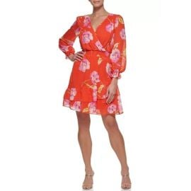 Dkny Dresses Dkny Orange 34 Sleeve Floral Fit Flare Aline Dress Ruffle Surplus V Neck Nwt Poshmark at Poshmark