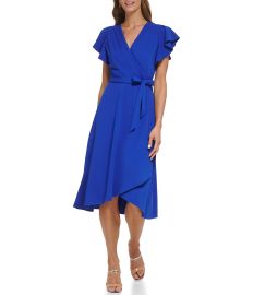 Dkny Stretch Surplice V Neckline Flutter Sleeve Faux Wrap Midi Dress Dillardx27s at Dillards