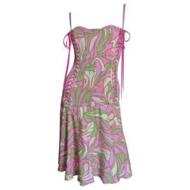 Dolce & Gabbana Pink Green Geometric Print Lace up Sides Silk Dress 1990s at 1st Dibs