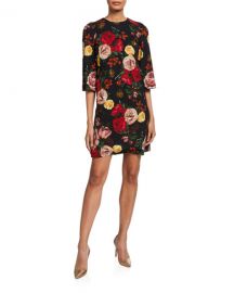 Dolce  amp  Gabbana 3 4-Sleeve Baroque Roses Shift Dress at Neiman Marcus