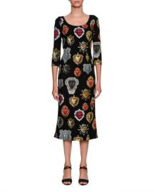 Dolce  amp  Gabbana Round-Neck 3 4-Sleeve Heart-Print Cady Midi Dress at Neiman Marcus