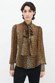 Dolce Gabbana Brown Printed Neck Tie Silk Blouse VSP Consignment at VSP Consignment
