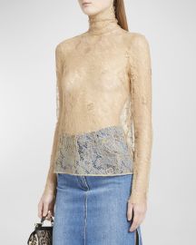 Dolce Gabbana Logo Lace Turtleneck Top at Neiman Marcus